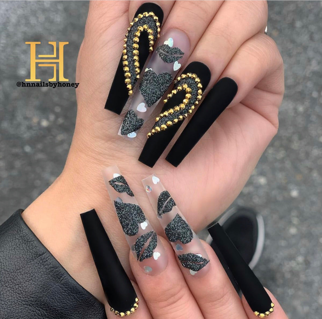 Black Matte Nails with Glitter Shine